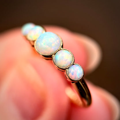 18CT Gold antique fiery crystal Opal five stone half hoop milgrain set ring