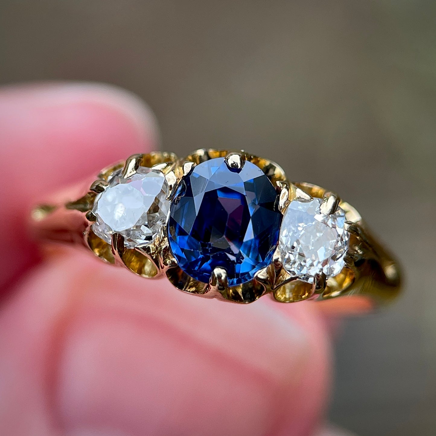 Antique Sapphire & Old Cut Diamond 3 Stone 18ct Yellow Gold Ring Size N