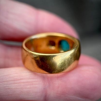 18CT Gold Antique Victorian Turquoise Old Cut Diamond 3 Stone Gypsy Ring 15.8g