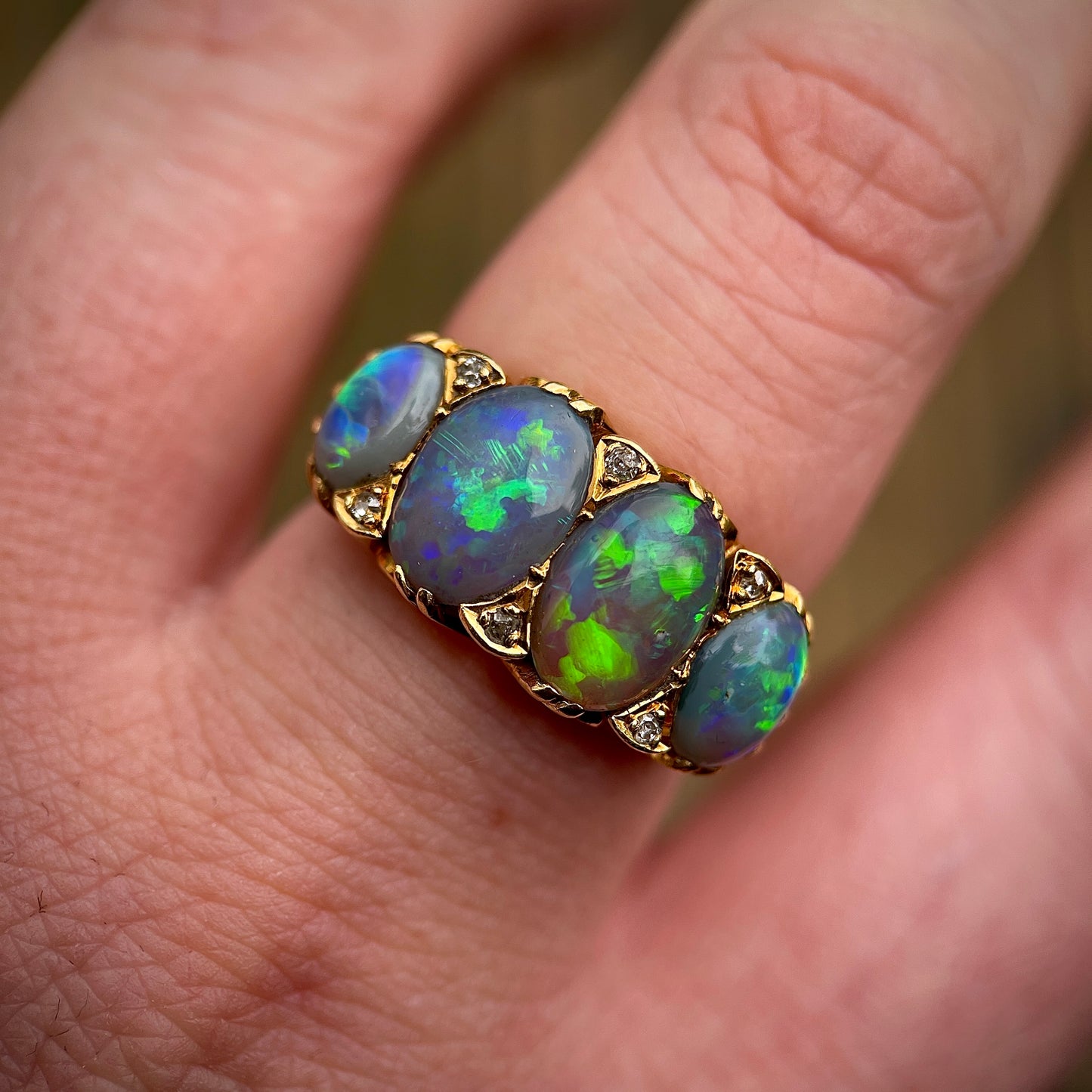 18CT Gold Large Antique Victorian Black Crystal Opal & Old Cut Diamond Ring