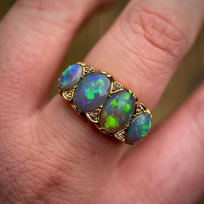 18CT Gold Large Antique Victorian Black Crystal Opal & Old Cut Diamond Ring