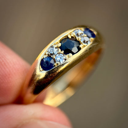 18ct Gold Sapphire & Old Cut Diamond gypsy Ring Heavy 5.4 grams Size R