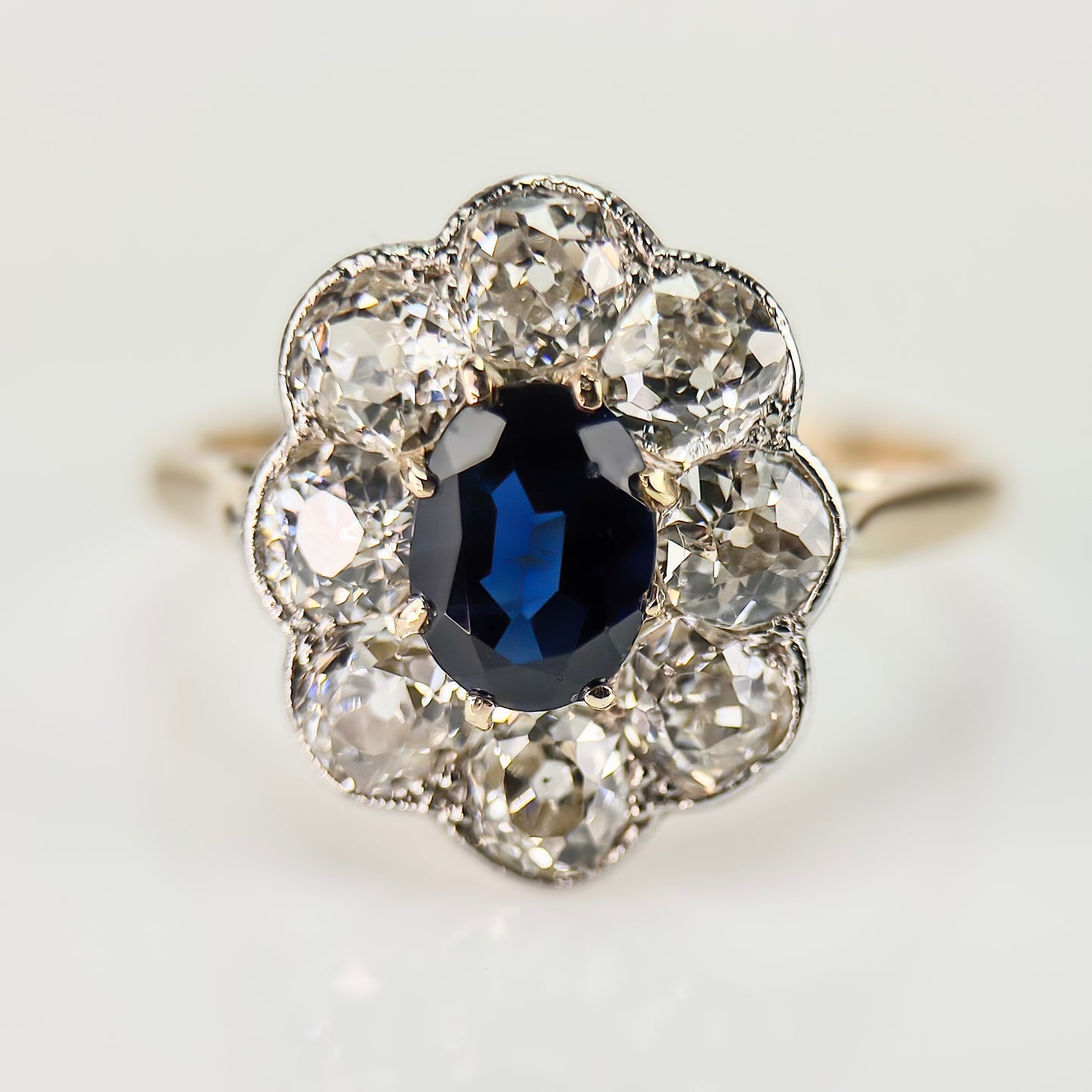 18ct Gold Plat Antique Edwardian Old Cut Diamond & Sapphire Daisy Cluster Ring