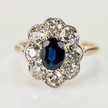 18ct Gold Plat Antique Edwardian Old Cut Diamond & Sapphire Daisy Cluster Ring
