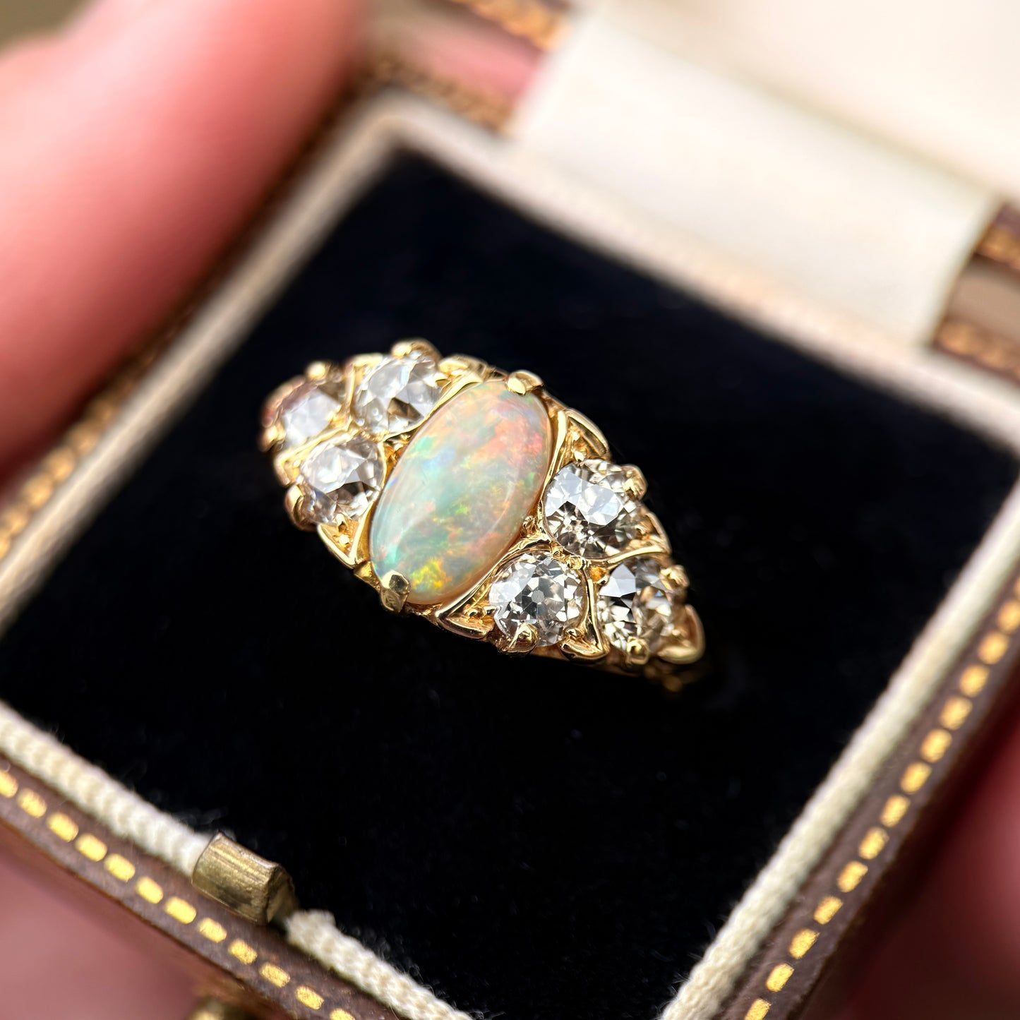 18CT Gold Antique Victorian Black Crystal Dark Opal 1.2ct Old Cut Diamond Ring