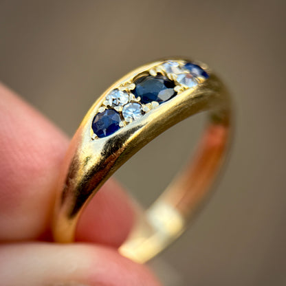 18ct Gold Sapphire & Old Cut Diamond gypsy Ring Heavy 5.4 grams Size R