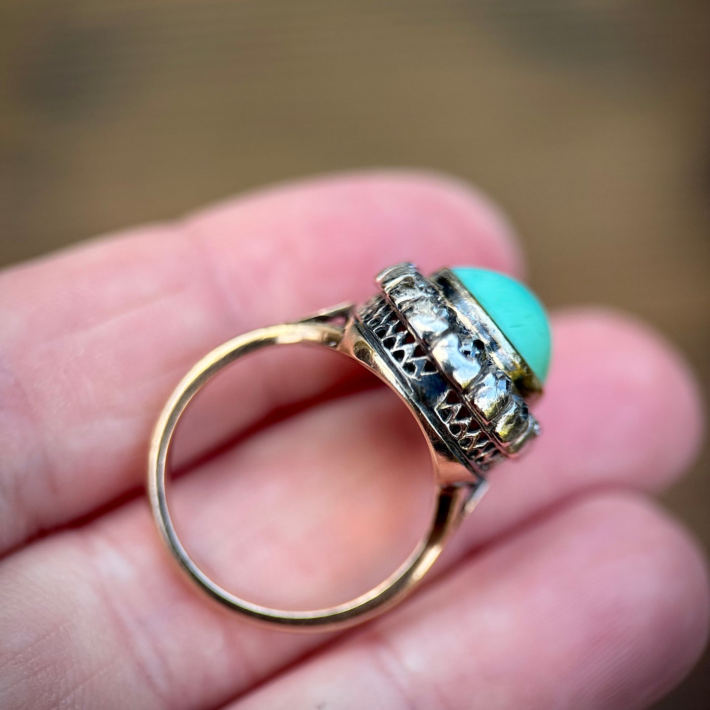 18ct Gold Antique Turquoise & 0.92ct Old Mine Cut Diamond Cluster Cocktail Ring
