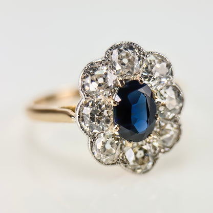 18ct Gold Plat Antique Edwardian Old Cut Diamond & Sapphire Daisy Cluster Ring