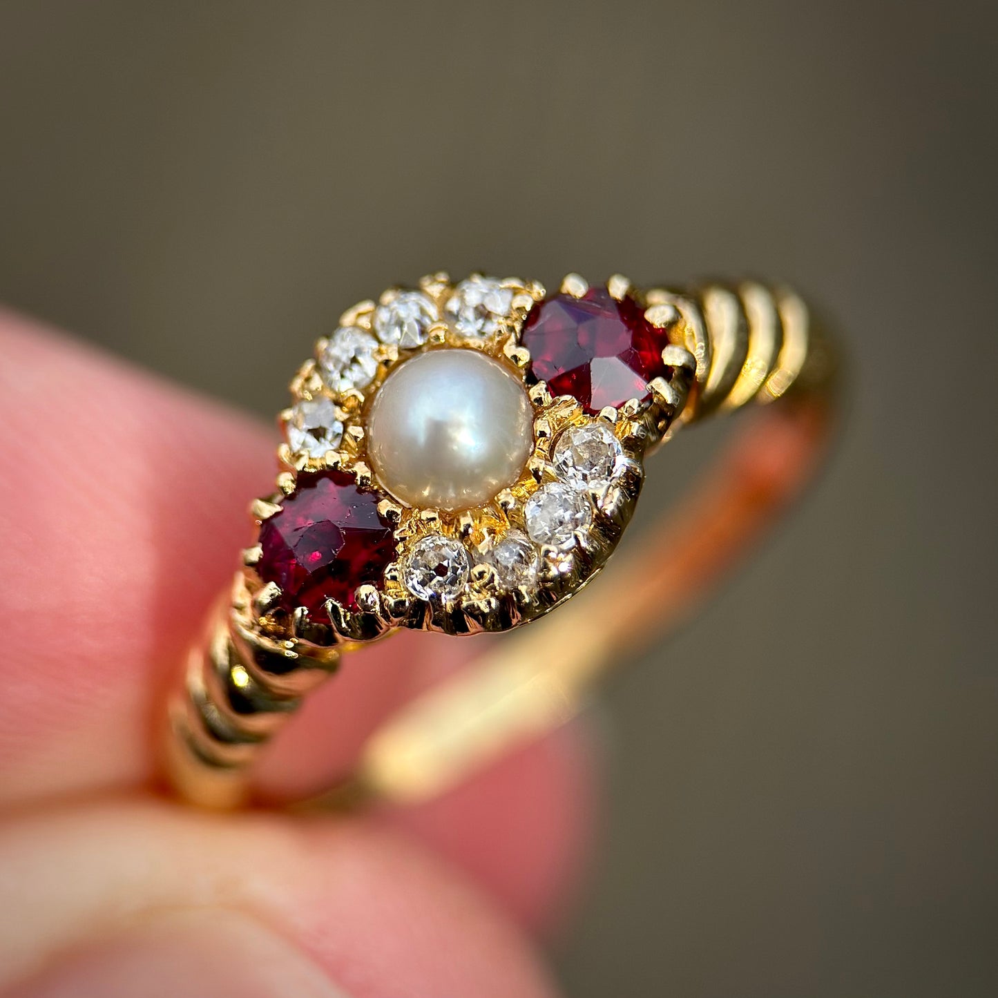 18ct Gold Antique Victorian Ruby Pearl & old cut diamond Cluster Ring
