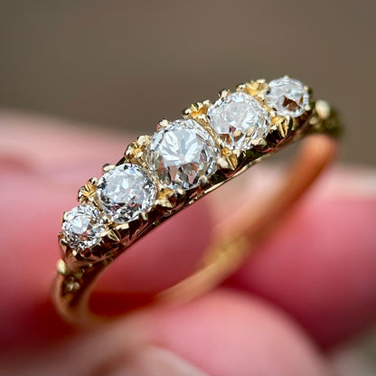 18ct Gold Fully Hallmarked Antique Victorian 0.77ct Old Cut Diamond 5 Stone Ring
