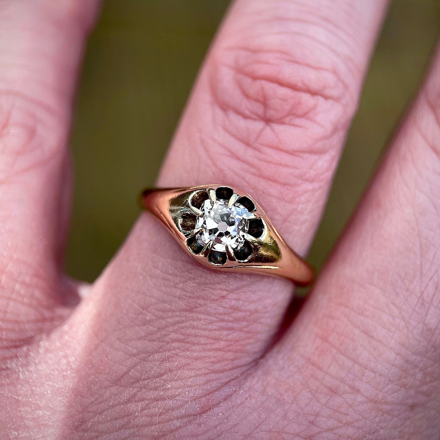 RARE 18ct Gold Antique 0.80ct Old Cut Peruzzi Diamond Solitaire Gypsy Ring