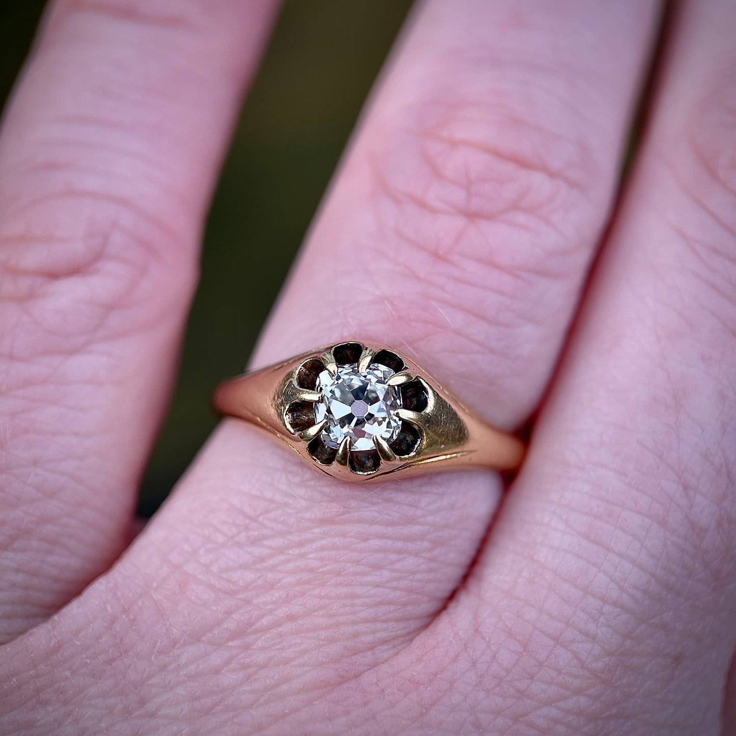 RARE 18ct Gold Antique 0.80ct Old Cut Peruzzi Diamond Solitaire Gypsy Ring
