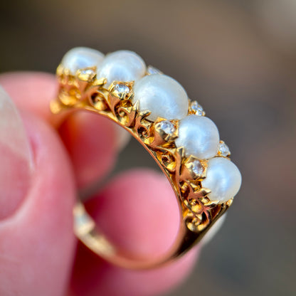 HUGE 18CT Gold Antique Pearl & old cut diamond five stone half hoop ring 7.8g