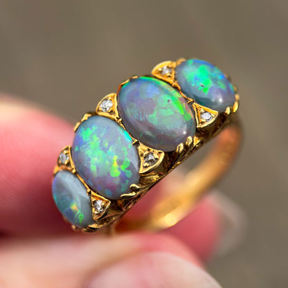 18CT Gold Large Antique Victorian Black Crystal Opal & Old Cut Diamond Ring