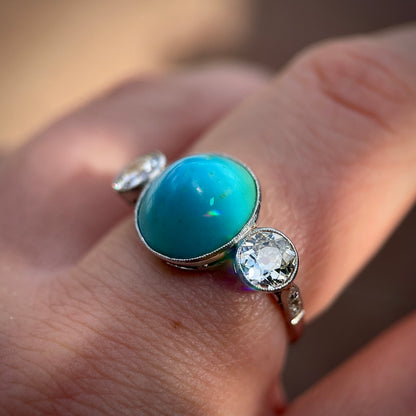 Platinum Art Deco Antique Sugarloaf Turquoise & Old Cut Diamond Three Stone Ring