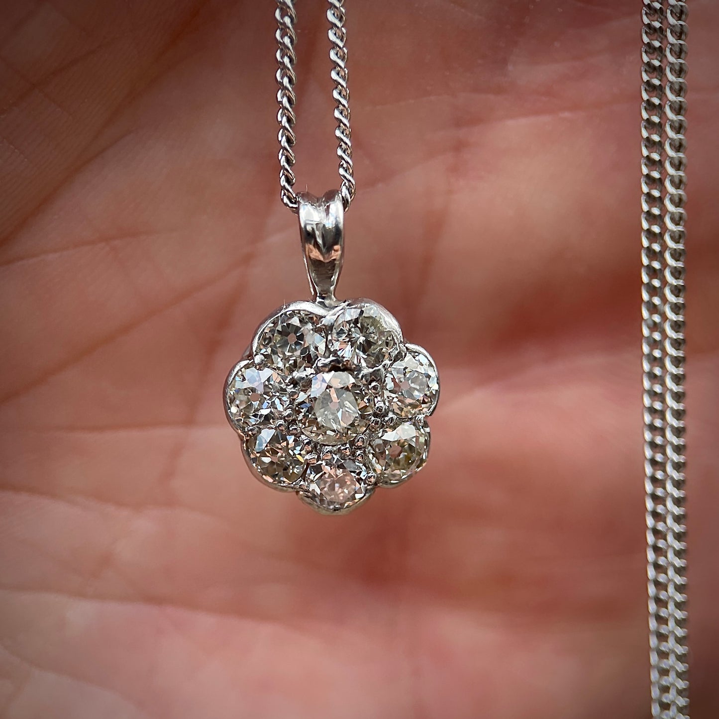 Antique 1.3CT Old Cut Diamond Daisy Pendant Charm & Chain 18" White Gold
