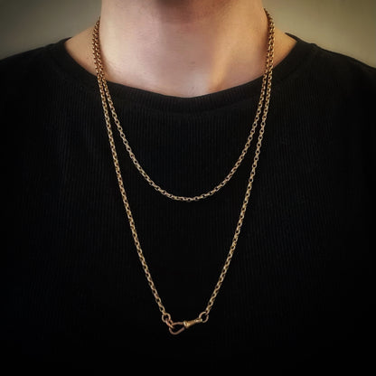 Antique 9CT Rose Gold Long Guard Watch Muff Cable Chain 47.5" Dog Clip 23.2g