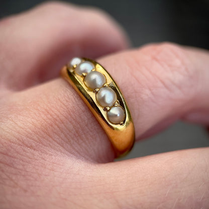 Heavy 18CT Gold Antique Pearl five stone half hoop gypsy ring 7.4g Size R 1/2