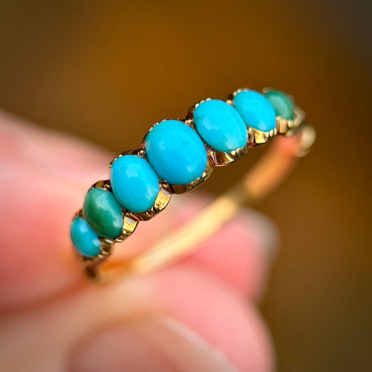 18CT Gold Antique Georgian Turquoise Seven Stone Half Hoop Ring Size K 1/2