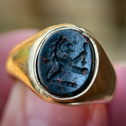 *RESERVED* + RESIZE to J 1/2 UK 18ct Gold Antique Victorian Lion Intaglio Solitaire Signet Ring HEAVY 9.3g