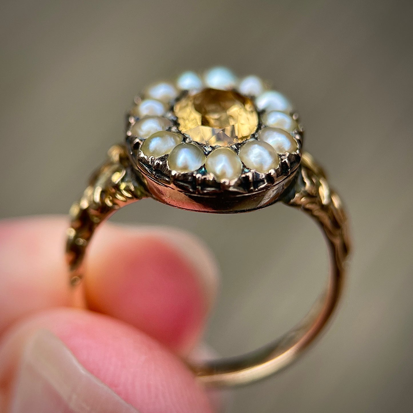 Antique Georgian Chased 15ct Gold Imperial Golden Topaz and Seed Pearl Ring