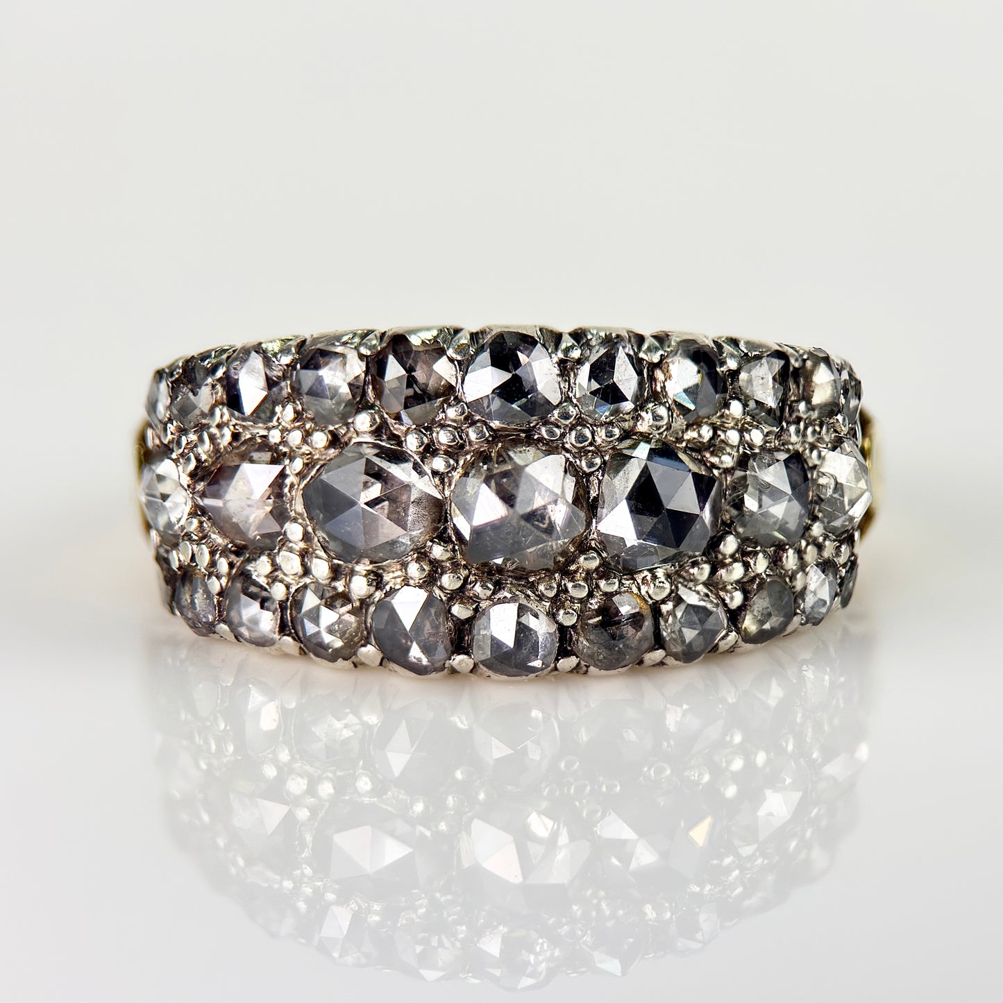 18ct Gold & Silver Antique Georgian 2.1ct Old Rose Cut Diamond Triple Row Ring