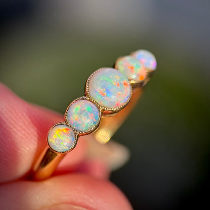 18CT Gold antique fiery crystal Opal five stone half hoop milgrain set ring