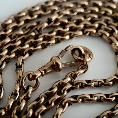 Antique 9CT Rose Gold Long Guard Watch Muff Cable Chain 47.5" Dog Clip 23.2g