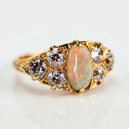 18CT Gold Antique Victorian Black Crystal Dark Opal 1.2ct Old Cut Diamond Ring