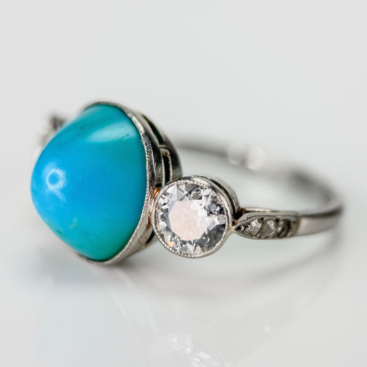Platinum Art Deco Antique Sugarloaf Turquoise & Old Cut Diamond Three Stone Ring