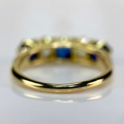 18ct Gold Antique Victorian 1.5ct Sapphire & 1ct Old Cut Diamond Five Stone Ring