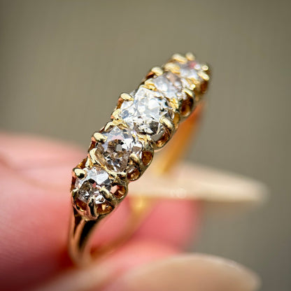 18ct Gold Antique 1.15ct Old Cut Diamond Five Stone Half Hoop Ring Size O