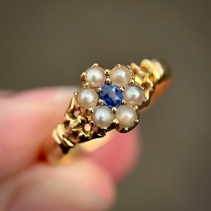 18ct Gold Antique Victorian Fully Hallmarked Sapphire & Pearl Daisy Cluster Ring