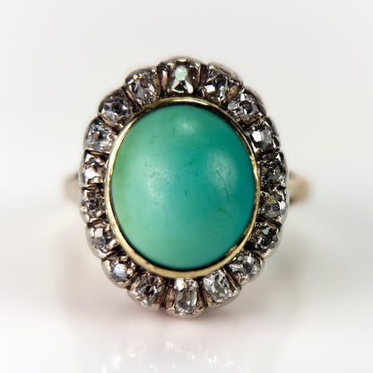 18ct Gold Antique Turquoise & 0.92ct Old Mine Cut Diamond Cluster Cocktail Ring