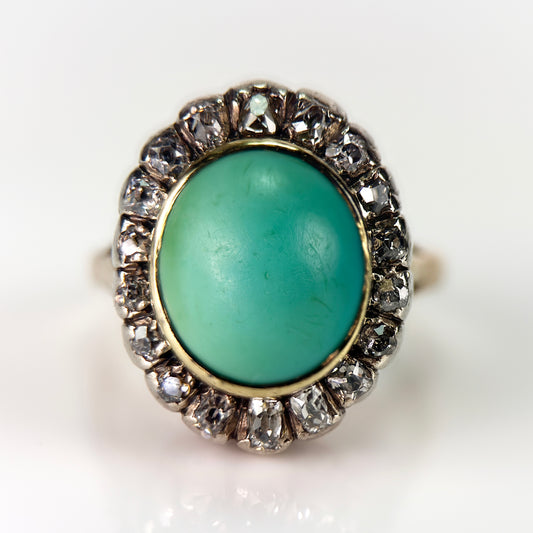18ct Gold Antique Turquoise & 0.92ct Old Mine Cut Diamond Cluster Cocktail Ring