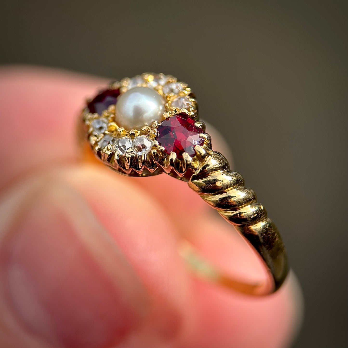 18ct Gold Antique Victorian Ruby Pearl & old cut diamond Cluster Ring