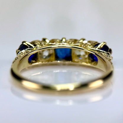 18ct Gold Antique Victorian 1.5ct Sapphire & 1ct Old Cut Diamond Five Stone Ring