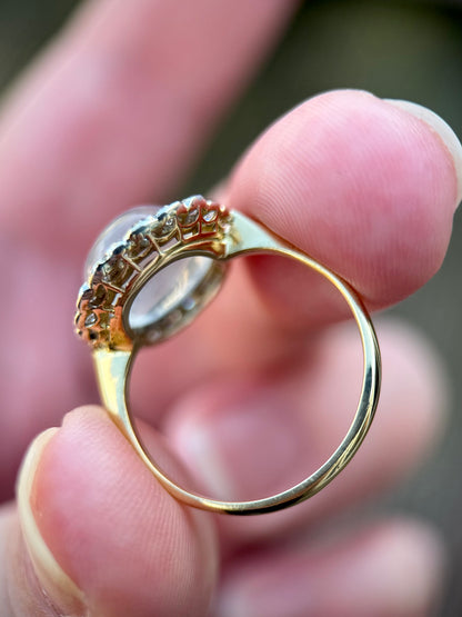 18ct Gold Large Antique Sugar loaf Moonstone & Old Cut Diamond Cluster Ring