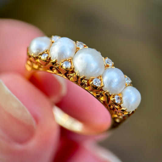 HUGE 18CT Gold Antique Pearl & old cut diamond five stone half hoop ring 7.8g