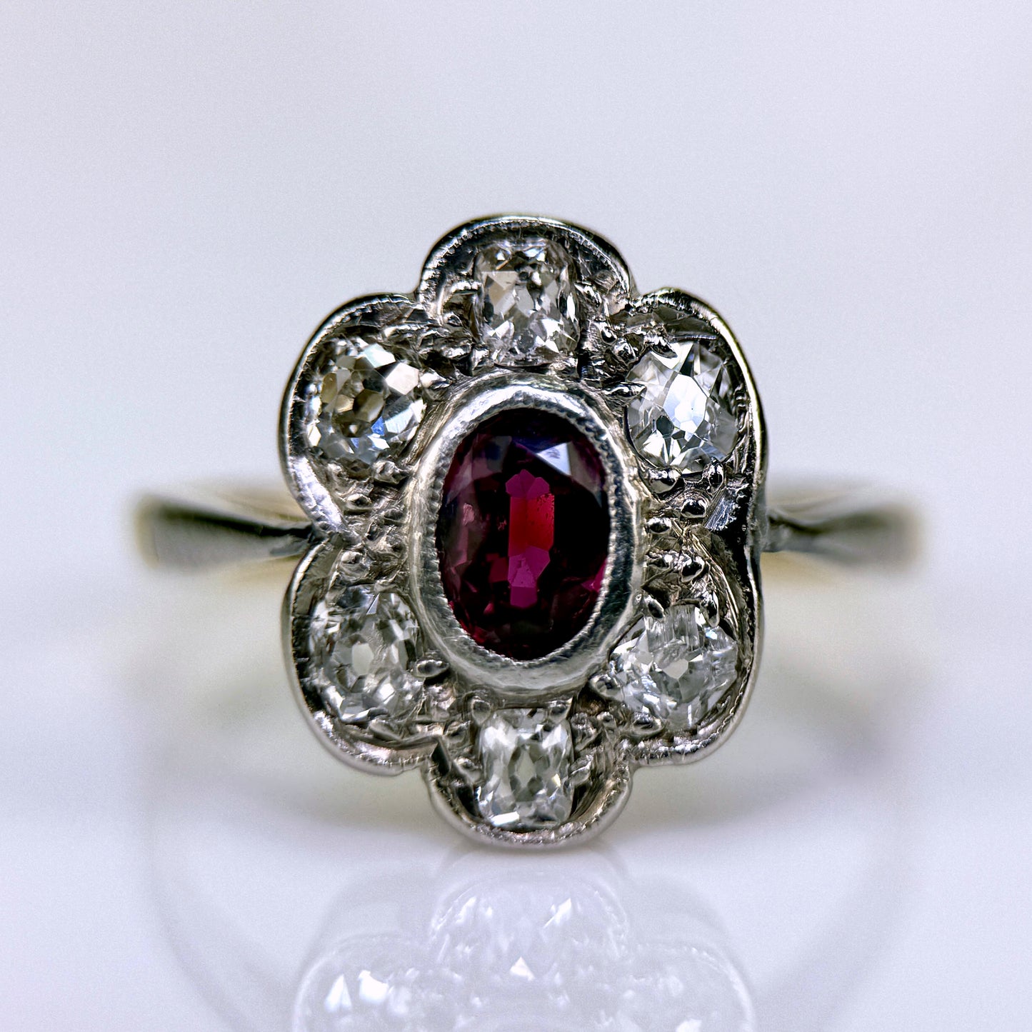18ct Gold Plat Antique Edwardian Old Cut Diamond & Ruby Daisy Cluster Ring