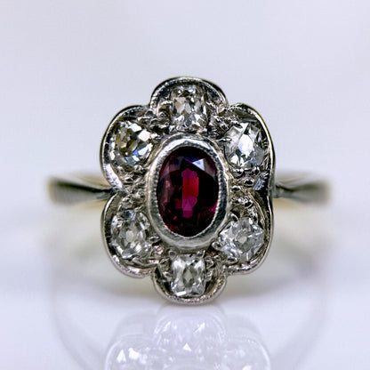 18ct Gold Plat Antique Edwardian Old Cut Diamond & Ruby Daisy Cluster Ring