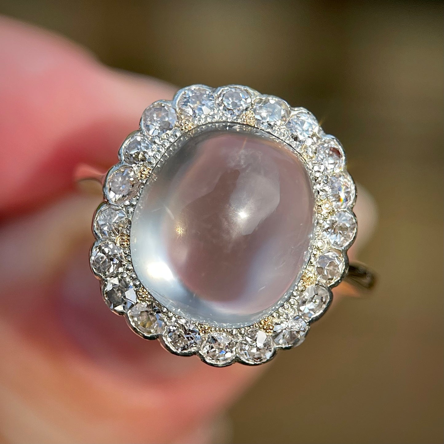 18ct Gold Large Antique Sugar loaf Moonstone & Old Cut Diamond Cluster Ring