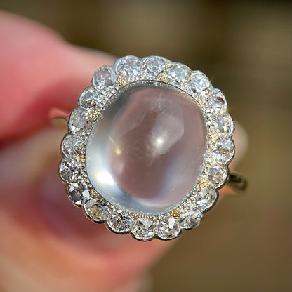 18ct Gold Large Antique Sugar loaf Moonstone & Old Cut Diamond Cluster Ring