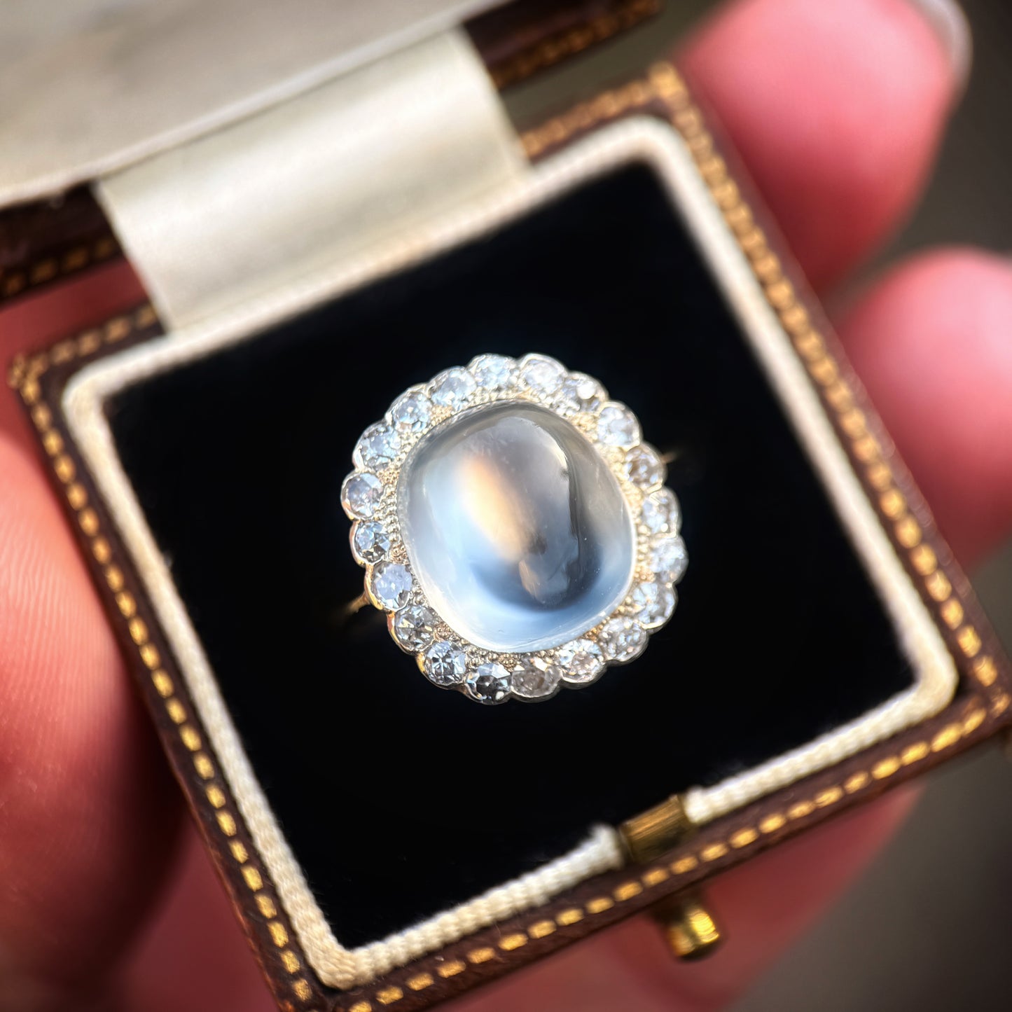 18ct Gold Large Antique Sugar loaf Moonstone & Old Cut Diamond Cluster Ring