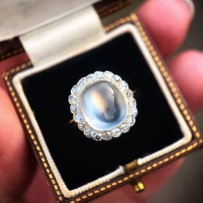 18ct Gold Large Antique Sugar loaf Moonstone & Old Cut Diamond Cluster Ring