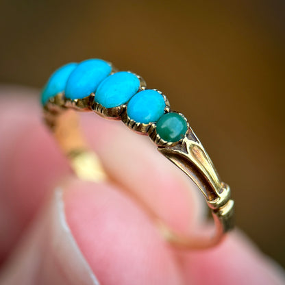 18CT Gold Antique Georgian Turquoise Seven Stone Half Hoop Ring Size K 1/2