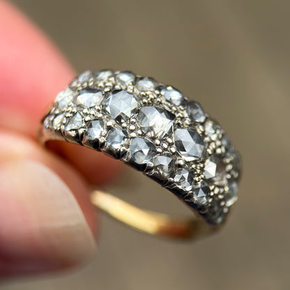 18ct Gold & Silver Antique Georgian 2.1ct Old Rose Cut Diamond Triple Row Ring