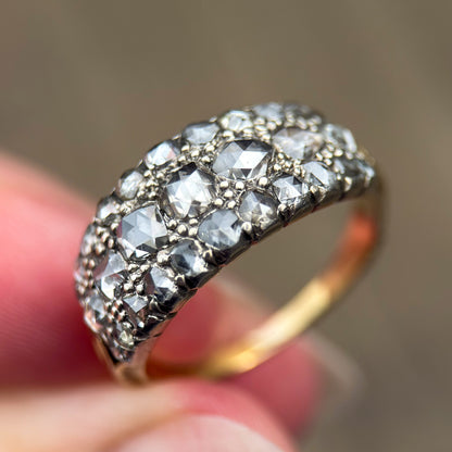 18ct Gold & Silver Antique Georgian 2.1ct Old Rose Cut Diamond Triple Row Ring