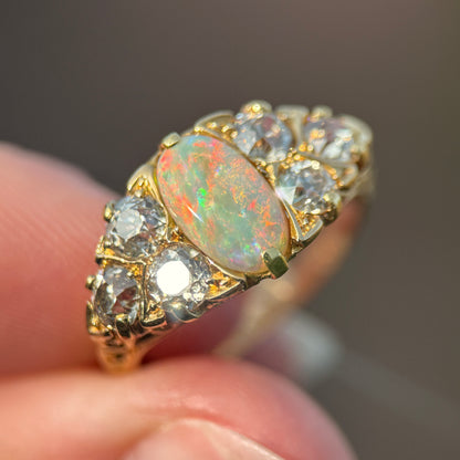 18CT Gold Antique Victorian Black Crystal Dark Opal 1.2ct Old Cut Diamond Ring