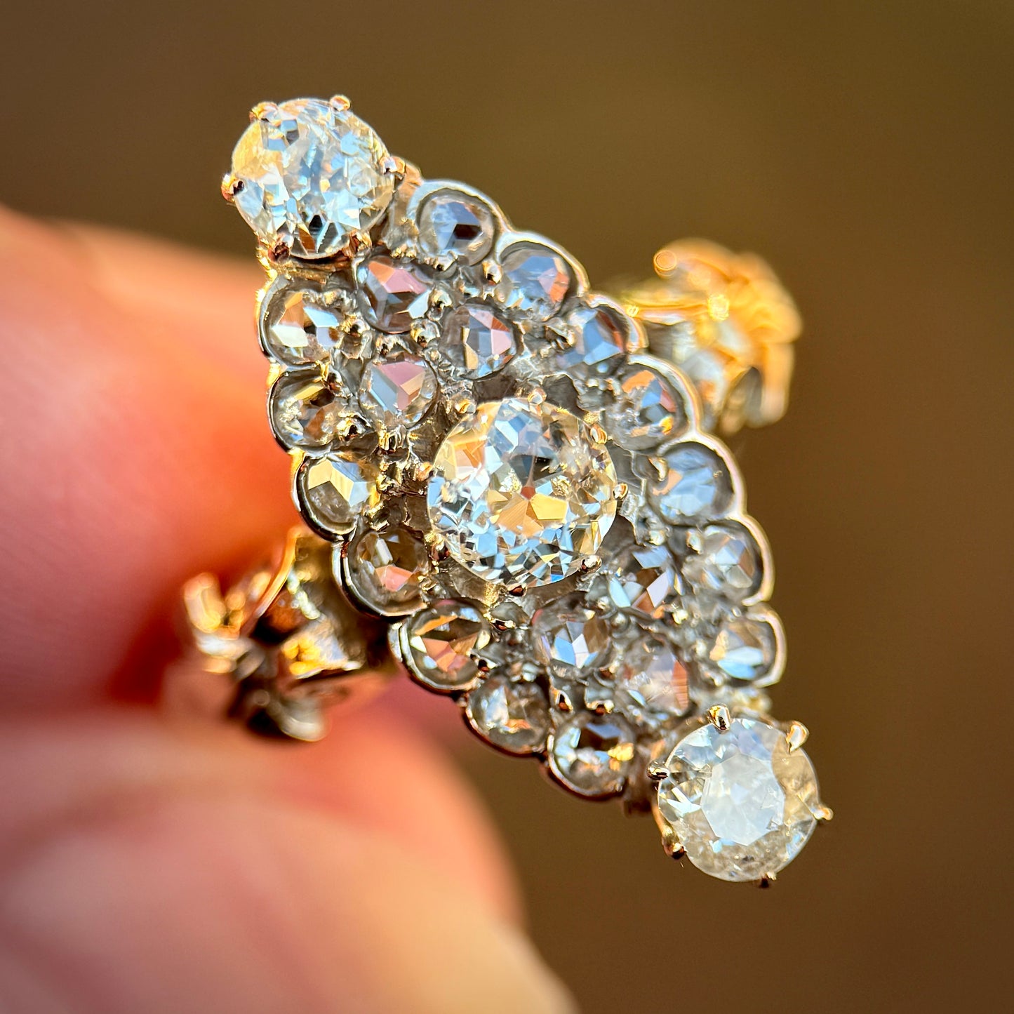 18ct Gold Antique Victorian 2.00ct Old Cut & Rose Cut Diamond Navette Ring